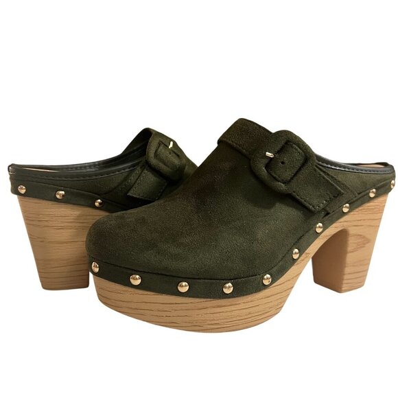 Atalina Olive Green Suede Clogs • Wedge Heel • Lightweight Mule • Size 7.5 - Picture 2 of 9